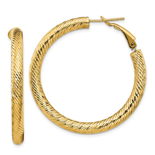 14k yellow gold diamond cut round omega back hoop earrings 39mm x 4mm
