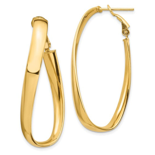 14k yellow gold twisted oval omega back hoop earrings 45mm x 19mm x 5mm