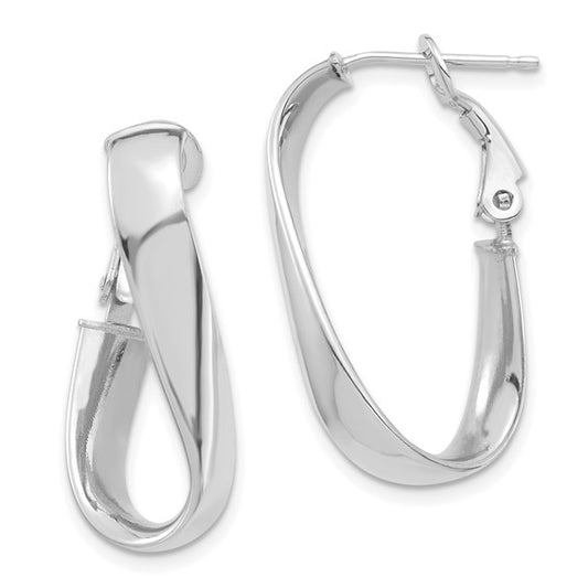 14k white gold twisted oval omega back hoop earrings 27mm x 13mm x 5mm