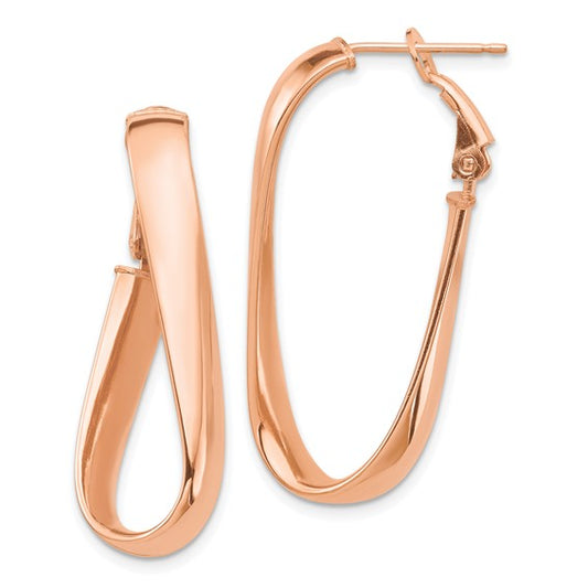14k rose gold twisted oval omega back hoop earrings 35mm x 15mm x 5mm