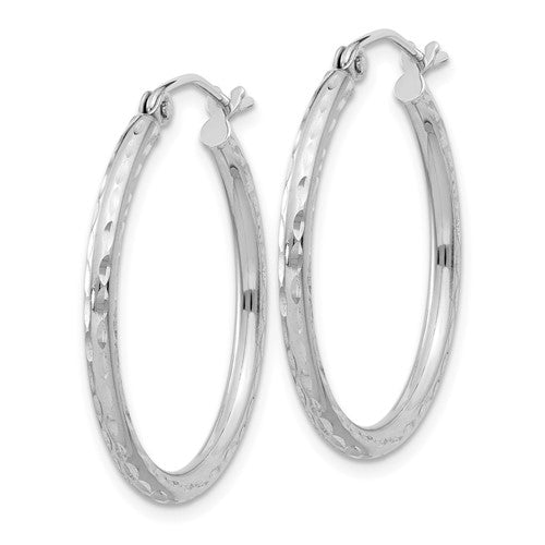 sterling silver rhodium plated diamond cut classic round hoop earrings 25mm x 2mm