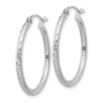 sterling silver rhodium plated diamond cut classic round hoop earrings 25mm x 2mm
