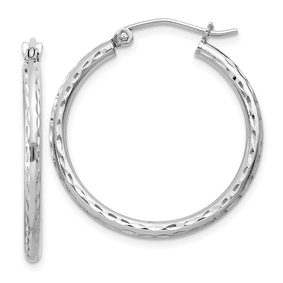 sterling silver rhodium plated diamond cut classic round hoop earrings 25mm x 2mm