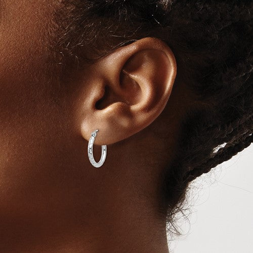sterling silver rhodium plated diamond cut classic round hoop earrings 15mm x 2mm