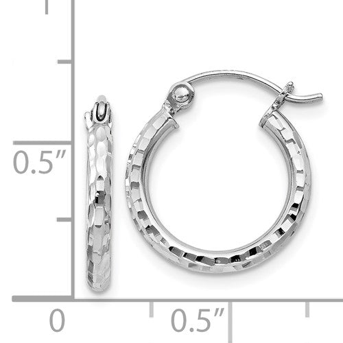 sterling silver rhodium plated diamond cut classic round hoop earrings 15mm x 2mm