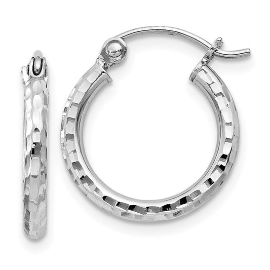 sterling silver rhodium plated diamond cut classic round hoop earrings 15mm x 2mm