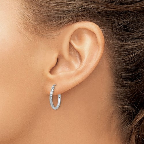 sterling silver rhodium plated diamond cut classic round hoop earrings 16mm x 2mm