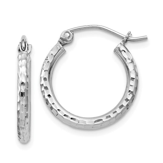 sterling silver rhodium plated diamond cut classic round hoop earrings 16mm x 2mm