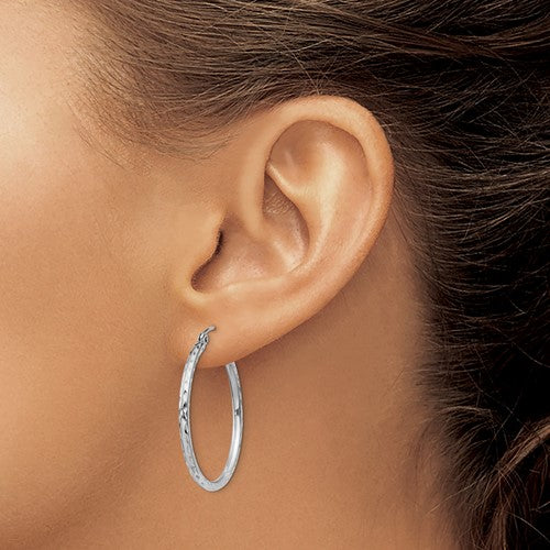 sterling silver rhodium plated diamond cut classic round hoop earrings 30mm x 2mm