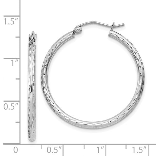 sterling silver rhodium plated diamond cut classic round hoop earrings 30mm x 2mm