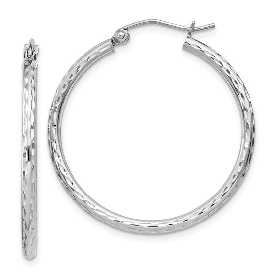 Sterling Silver Rhodium Plated Diamond Cut Classic Round Hoop Earrings 30mm x 2mm