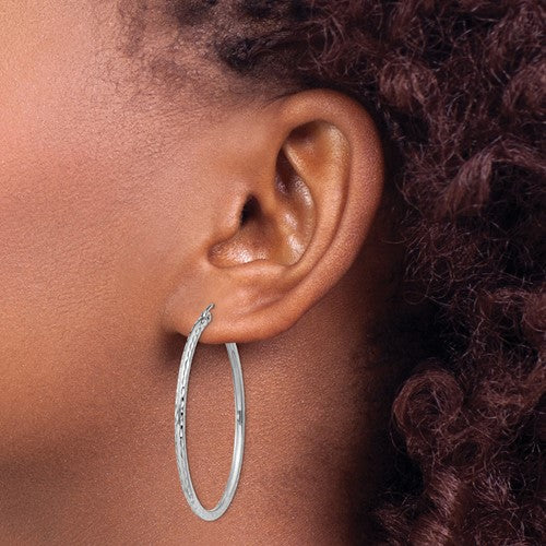 sterling silver rhodium plated diamond cut classic round hoop earrings 40mm x 2mm