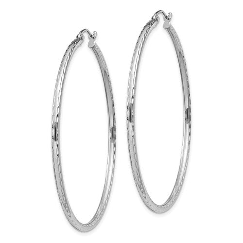 Sterling Silver Rhodium Plated Diamond Cut Classic Round Hoop Earrings 50mm x 2mm