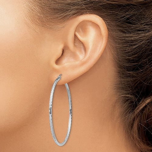 sterling silver rhodium plated diamond cut classic round hoop earrings 50mm x 2mm