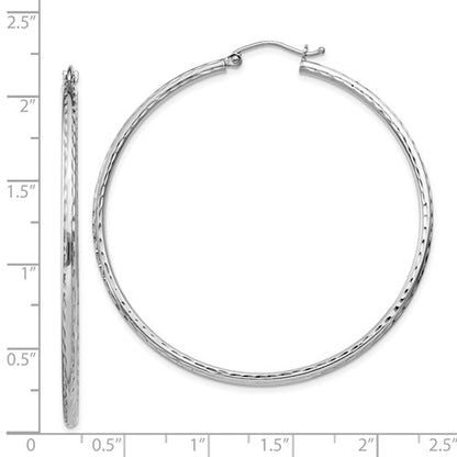 sterling silver rhodium plated diamond cut classic round hoop earrings 50mm x 2mm
