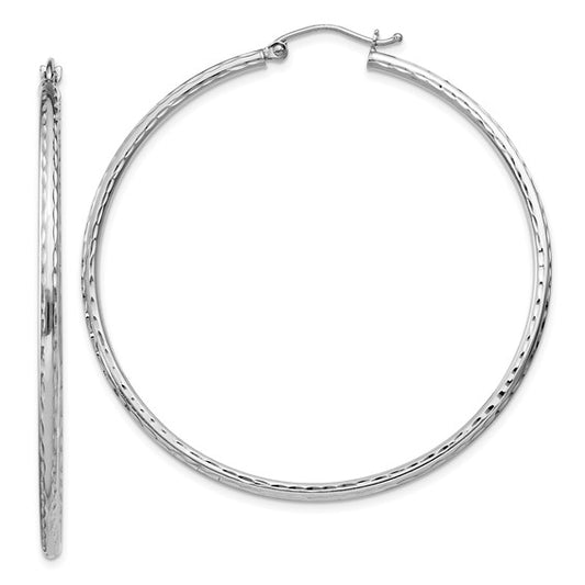 sterling silver rhodium plated diamond cut classic round hoop earrings 50mm x 2mm