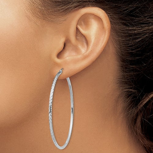 sterling silver rhodium plated diamond cut classic round hoop earrings 55mm x 2mm