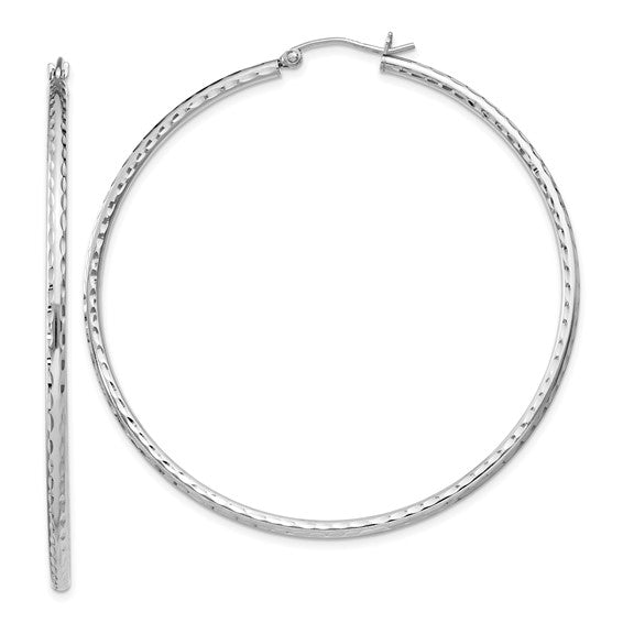 sterling silver rhodium plated diamond cut classic round hoop earrings 55mm x 2mm