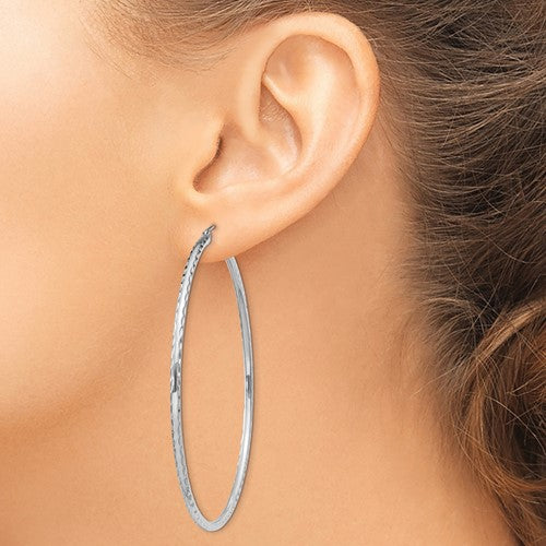 sterling silver rhodium plated diamond cut classic round hoop earrings 60mm x 2mm