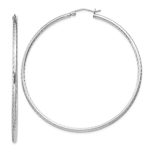 sterling silver rhodium plated diamond cut classic round hoop earrings 60mm x 2mm