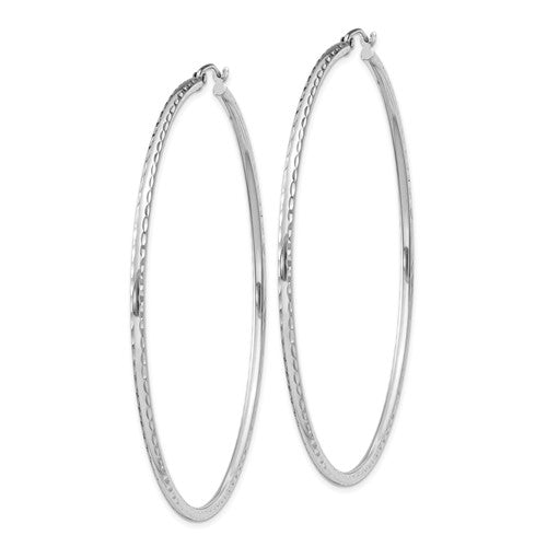 sterling silver rhodium plated diamond cut classic round hoop earrings 65mm x 2mm