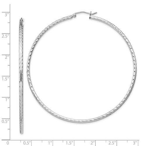 sterling silver rhodium plated diamond cut classic round hoop earrings 65mm x 2mm