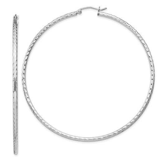 sterling silver rhodium plated diamond cut classic round hoop earrings 65mm x 2mm