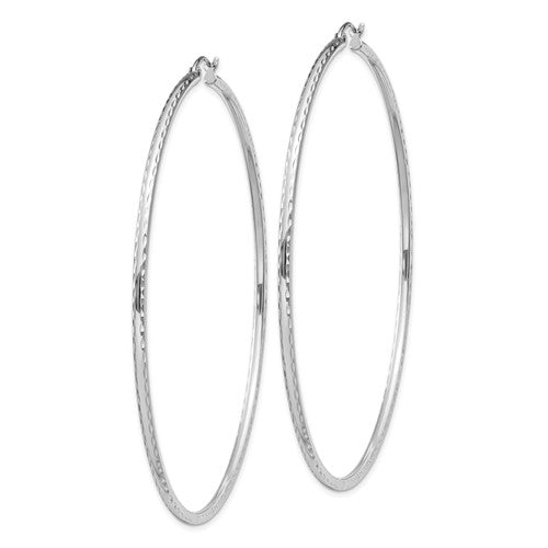 sterling silver rhodium plated diamond cut classic round hoop earrings 65mm x 2mm