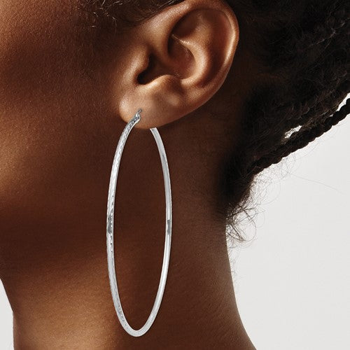 sterling silver rhodium plated diamond cut classic round hoop earrings 65mm x 2mm