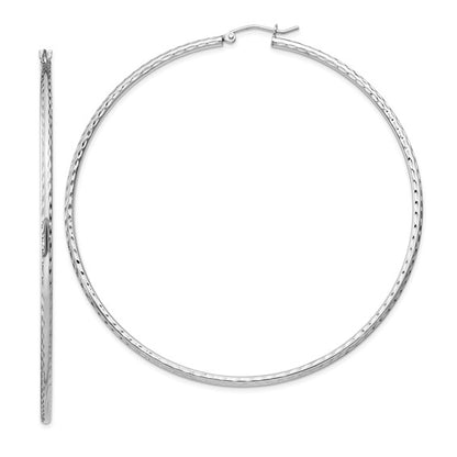 sterling silver rhodium plated diamond cut classic round hoop earrings 65mm x 2mm