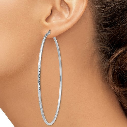 sterling silver rhodium plated diamond cut classic round hoop earrings 75mm x 2mm