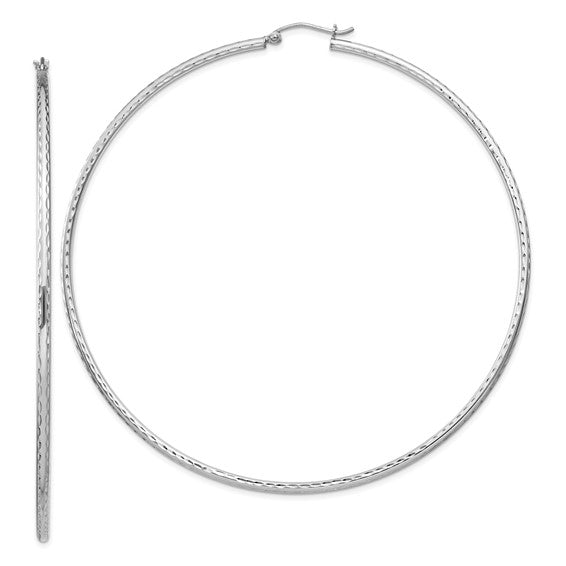 Sterling Silver Rhodium Plated Diamond Cut Classic Round Hoop Earrings 75mm x 2mm