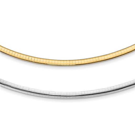 14k yellow white gold two tone 4mm reversible domed omega necklace choker pendant chain 16 or 18 inches with 2 inch extender
