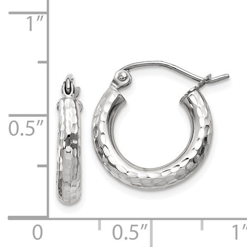 14K White Gold Diamond Cut Classic Round Diameter Hoop Textured Earrings 16mm x 3mm