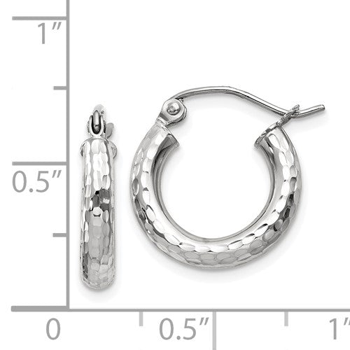 14k white gold diamond cut classic round diameter hoop textured earrings 16mm x 3mm