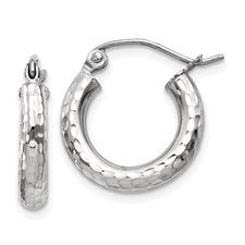 14k white gold diamond cut classic round diameter hoop textured earrings 16mm x 3mm