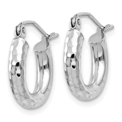 14k white gold diamond cut classic round diameter hoop textured earrings 13mm x 3mm