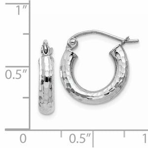 14K White Gold Diamond Cut Classic Round Diameter Hoop Textured Earrings 13mm x 3mm