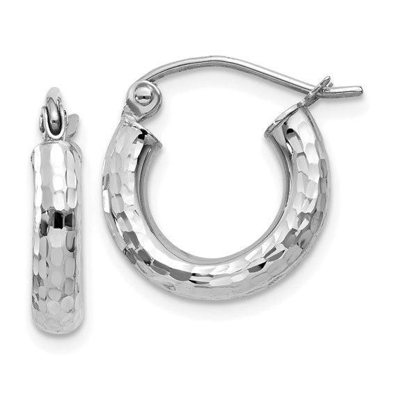 14k white gold diamond cut classic round diameter hoop textured earrings 13mm x 3mm