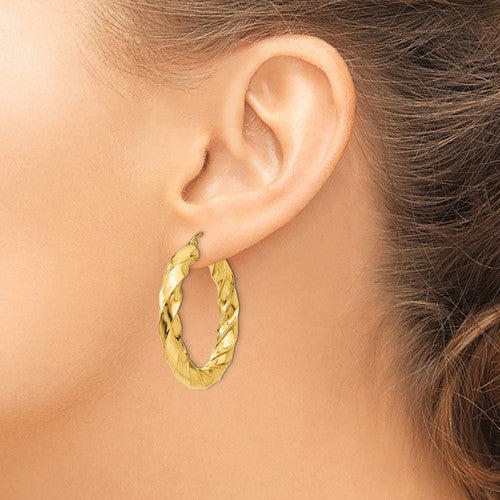 14k Yellow Gold Twisted Round Hoop Earrings