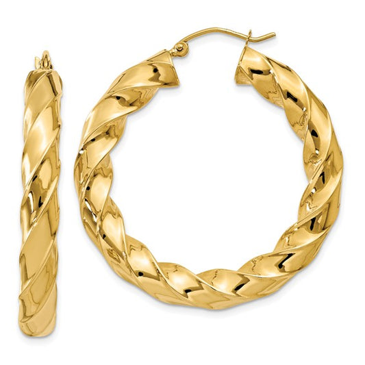 14k yellow gold twisted round hoop earrings