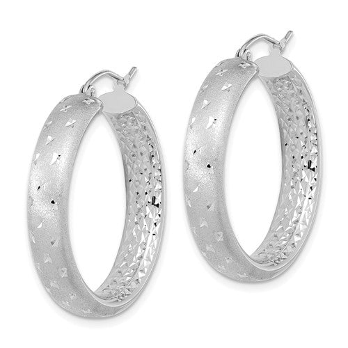 14k White Gold Round Diamond Cut Polished Satin In Out Hoop Earrings 30mm x 5.75mm