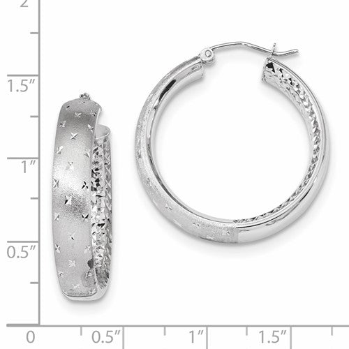 14k white gold round diamond cut polished satin in out hoop earrings 30mm x 5.75mm