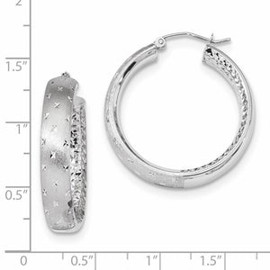 14k White Gold Round Diamond Cut Polished Satin In Out Hoop Earrings 30mm x 5.75mm