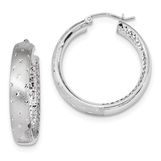 14k white gold round diamond cut polished satin in out hoop earrings 30mm x 5.75mm