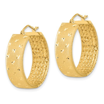 14k yellow gold diamond cut satin round hoop earrings