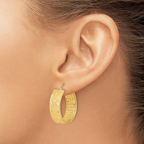 14k Yellow Gold Diamond Cut Satin Round Hoop Earrings