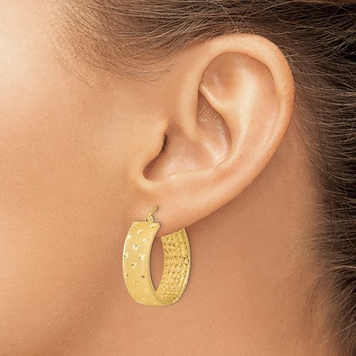 14k yellow gold diamond cut satin round hoop earrings