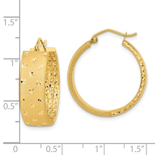 14k yellow gold diamond cut satin round hoop earrings
