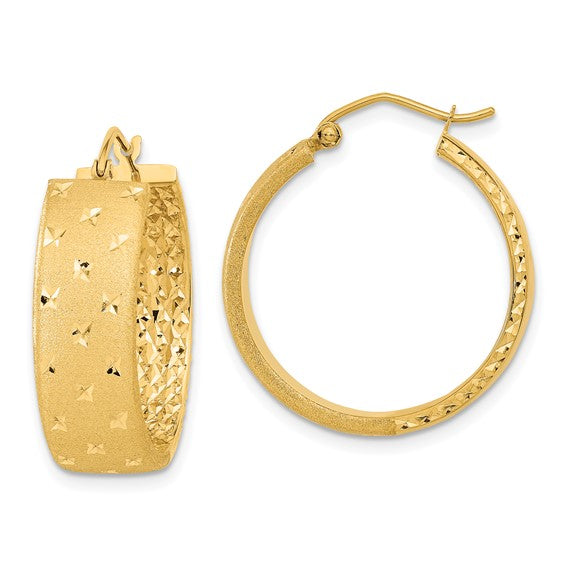 14k yellow gold diamond cut satin round hoop earrings
